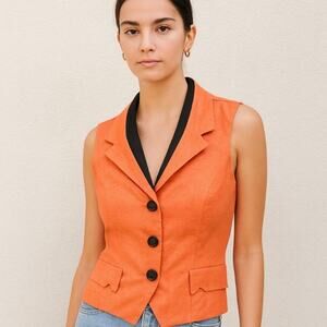 Bold Orange Vintage Sleeveless Vest Black Trim Chic Effortless Statement Top